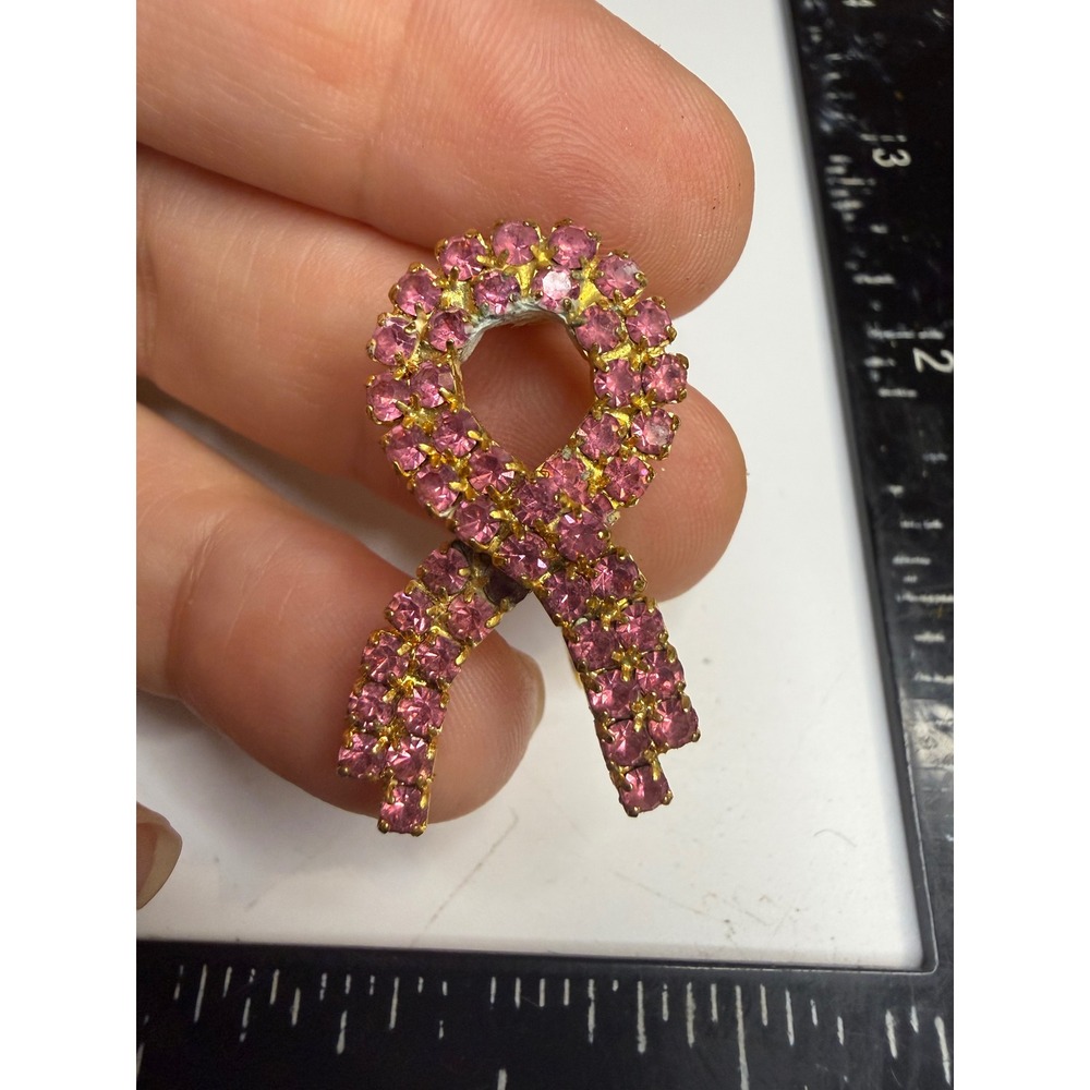 Pink Rhinestone Breast Cancer Awareness Ribbon Brooch Gold Tone Pin